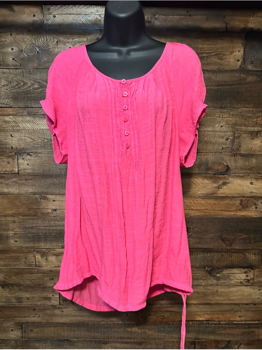 CJ Banks hot pink gauze henley-style blouse